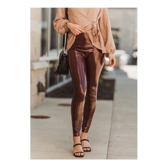 SPANX Faux Patent‎ Leather Liquid Glossy Leggings Ruby Red High Rise Size XS - Picture 2 of 12